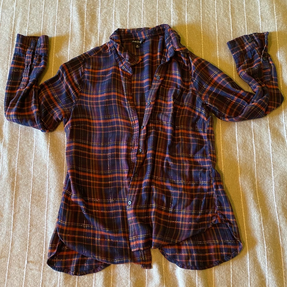 Lucky Brand Metallic Plaid Button Down Shirt M